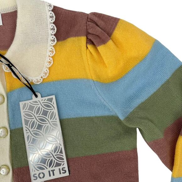 NWT So It Is Deja Vu Cardigan Seafoam Stripe Coquette Collar Large - Picture 3 of 8